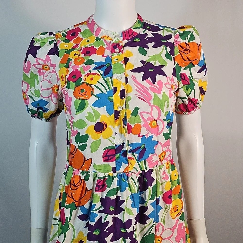 J. Crew 100% Cotton Vibrant Multi-Color Floral Puff Sleeve Ruffle Hem Dress - Picture 5 of 16